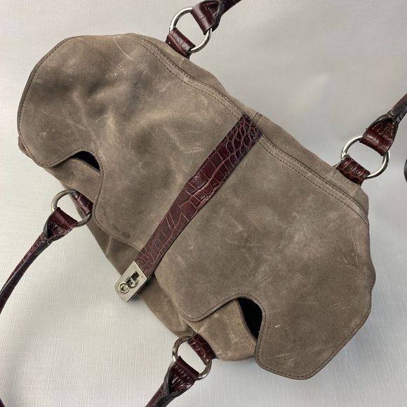 NIQUEA.D Gray SUEDE HOBO BAG! Large Brown Alligator Leather Purse MADE in ITALY - Picture 8 of 16